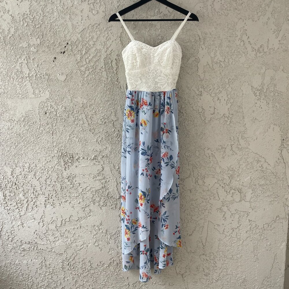 Floral High Low HoCo Prom Dress Lace Blue White Size M Prom Homecoming